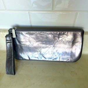 Hobo International metallic silver/pewter leather wristlet or clutch